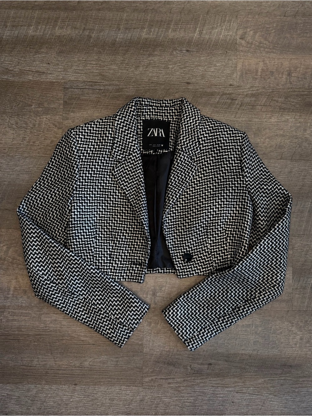 Zara Cropped Tweed Blazer Black White Houndstooth Sz S Single Button NWOT Office